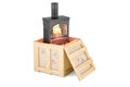 Potbelly stove, wood burner stove inside wooden box, delivery concept. 3D rendering