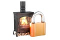 Potbelly stove, wood burner stove with padlock, 3D rendering