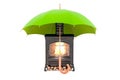 Potbelly stove, wood burner stove under umbrella, 3D rendering