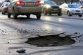 pothole on busy street, cars swerving around Royalty Free Stock Photo