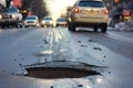 pothole on busy street, cars swerving around Royalty Free Stock Photo