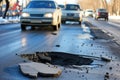 pothole on busy street, cars swerving around Royalty Free Stock Photo