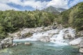 The Potholes of the Giants in the Toce River with green water and waterfall in Uriezzo