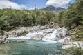 The Potholes of the Giants in the Toce River with green water and waterfall in Uriezzo