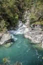 The Potholes of the Giants in the Toce River with green water and waterfall in Uriezzo