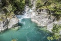 The Potholes of the Giants in the Toce River with green water and waterfall in Uriezzo