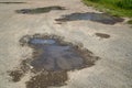 Potholes on a gravel dirt road, filled with water