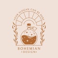 Potion boho logo. Trendy vector emblem with bottle and plants