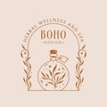 Potion boho logo. Trendy vector emblem with bottle and plants