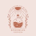 Potion boho logo. Trendy vector emblem with bottle and sun