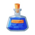 Potion Bottle, Glass Transparent Flask with Blue Liquid, Witchcraft Attribute, Happy Halloween Object Cartoon Style