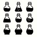 Potion Bottle Icons: 9 Black & White Vector Graphics Royalty Free Stock Photo