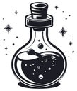 Potion bottle illustration with sparkles, black and white graphic Royalty Free Stock Photo