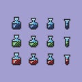 Potion bottle pixel art vector illustration. Health, mana and stamina glass bottles. Poison and remedy game design 8 bit Royalty Free Stock Photo