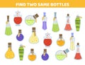 Potion bottles. Find two same pictures. Game for children. Flat, cartoon, vector