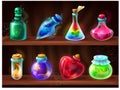 Potion bottles. Game alchemist liquids on wooden shelf, cartoon love potion, poison, magic elixir. Vector set of fantasy Royalty Free Stock Photo