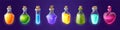 Potion bottles with magic elixir, cartoon flasks