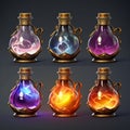 Potion bottles with magic elixir, cartoon glass flasks with colorful glowing liquid and corkwood plugs. Witch poison gui