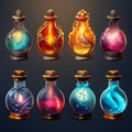 Potion bottles with magic elixir, cartoon glass flasks with colorful glowing liquid and corkwood plugs. Witch poison gui Royalty Free Stock Photo