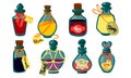 Potion bottles with magic elixir and tags, cartoon glass flasks with unknown witch poisons. Vector illustration of Royalty Free Stock Photo