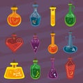 Potion bottles set. Vector icons of small flasks, magic elixir in glass flasks. Witch poison, love potion, halloween, plants,