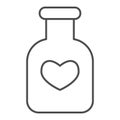 Potion flask thin line icon. Bottle of love spell elixir and heart shape symbol, outline style pictogram on white Royalty Free Stock Photo