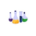 Potion liquids in glass tubes, flasks, beakers. Magic fluids, poison essences, chemical elixirs and substances. Alchemy