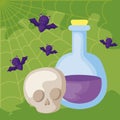 potion magic of halloween with skull and bats flying Royalty Free Stock Photo