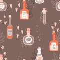 Potion or poison bottles hand drawn doodle style seamless pattern