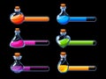 Potion progress bar. Life elixir bottles GUI asset, cartoon poisoning container health energy resource for mobile video