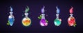 Potion set, poison witch bottles, halloween decor elements. Vintage medicine science glass drinks, magic chemistry