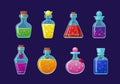 Potions vector cartoon illustrations set. Magic drinks, fairy elixirs, substance with bubbles, witch beverages. Corked