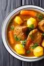 Potjiekos, is a traditional stew recipe from South Africa and Namibia closeup in a bowl. Vertical top view