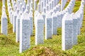 Potocari, Bosnia and Herzegovina - July 31, 2019. Detail of white gravestones of victims during Srebrenica massacre