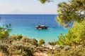 POTOS, THASSOS GREECE, 03 SEPTEMBER 2016 Small beach Potos in Greek island Thassos, with boat on sea on 03 september on Thassos Royalty Free Stock Photo