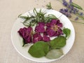 Potpourri with rose petals, sweet woodruff, quince leaves and lavender