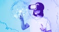 Potrait of asian woman in virtual reality glasses, pointing, choosing smth in VR headset, standing over white background Royalty Free Stock Photo