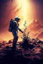 Astronaut planting a tree on planet mars. Generative AI