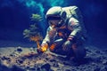 Astronaut planting a tree on planet mars. Generative AI