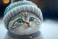 Potrait of a cute british short hair cat silver tabby in cold winter wearing warm knitted hat - Generative AI Royalty Free Stock Photo