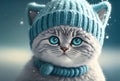 Potrait of a cute british short hair cat silver tabby in cold winter wearing warm knitted hat - Generative AI Royalty Free Stock Photo