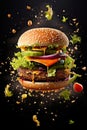 Potrait of delicious fresh flying burger