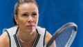 Potrait of Female Tennis Player Holding the Racquet During Championship Match, Ready for Receive Royalty Free Stock Photo