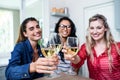 Potrait of happy young female friends toasting wineglass