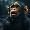 Potrait of sad chimpanzee with rain Royalty Free Stock Photo