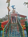 Potrait of two girls enjoying waterpark activities at Bayaou Lagoon Park at Melaka, Malaysia