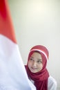 Potret Asian Girls with Indonesian flag, Indonesia independence day
