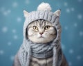 Potrt of a cute british short cat silver tabby in cold winter wearing a warm knitted hat. Royalty Free Stock Photo