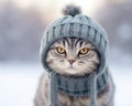 Potrt of a cute british short cat silver tabby in cold winter wearing a warm knitted hat.