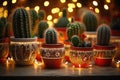 pots of christmas cacti decorated with fairy lights